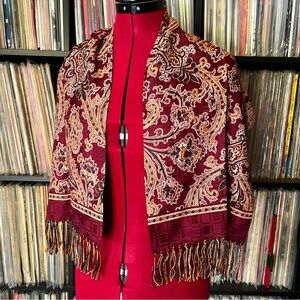 Vintage silk & rayon fringed scarf dresser bemberg maroon gold